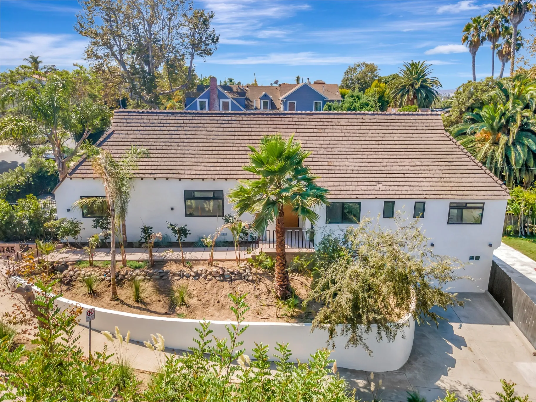 1145 S Longwood Ave Mid-Wilshire — Exterior: Side view of contemporary home with palm trees and drought-tolerant garden