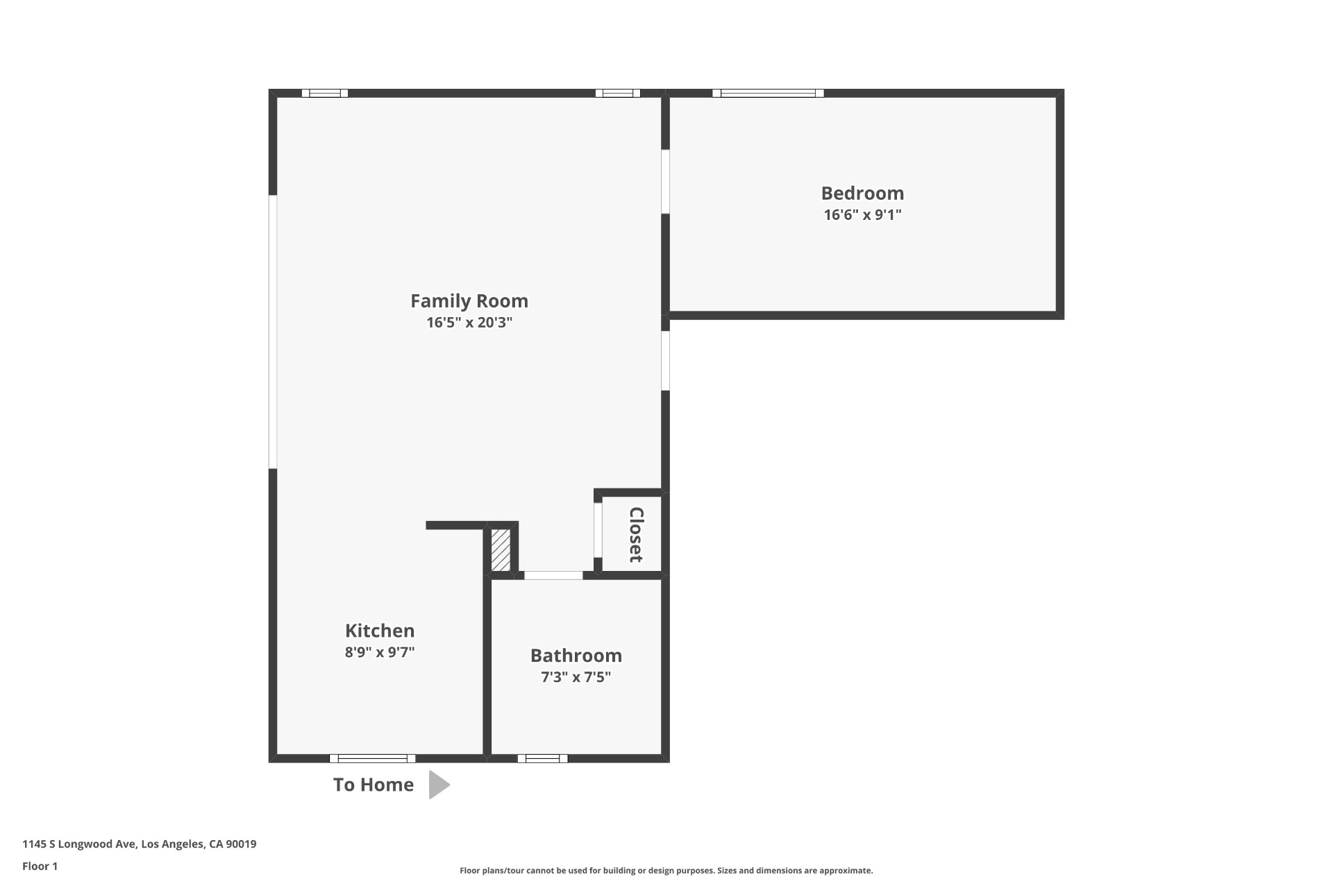 1145 S Longwood Ave Mid-Wilshire — Floor Plan: Level 1 floor plan with family room, bedroom, kitchen, and bathroom
