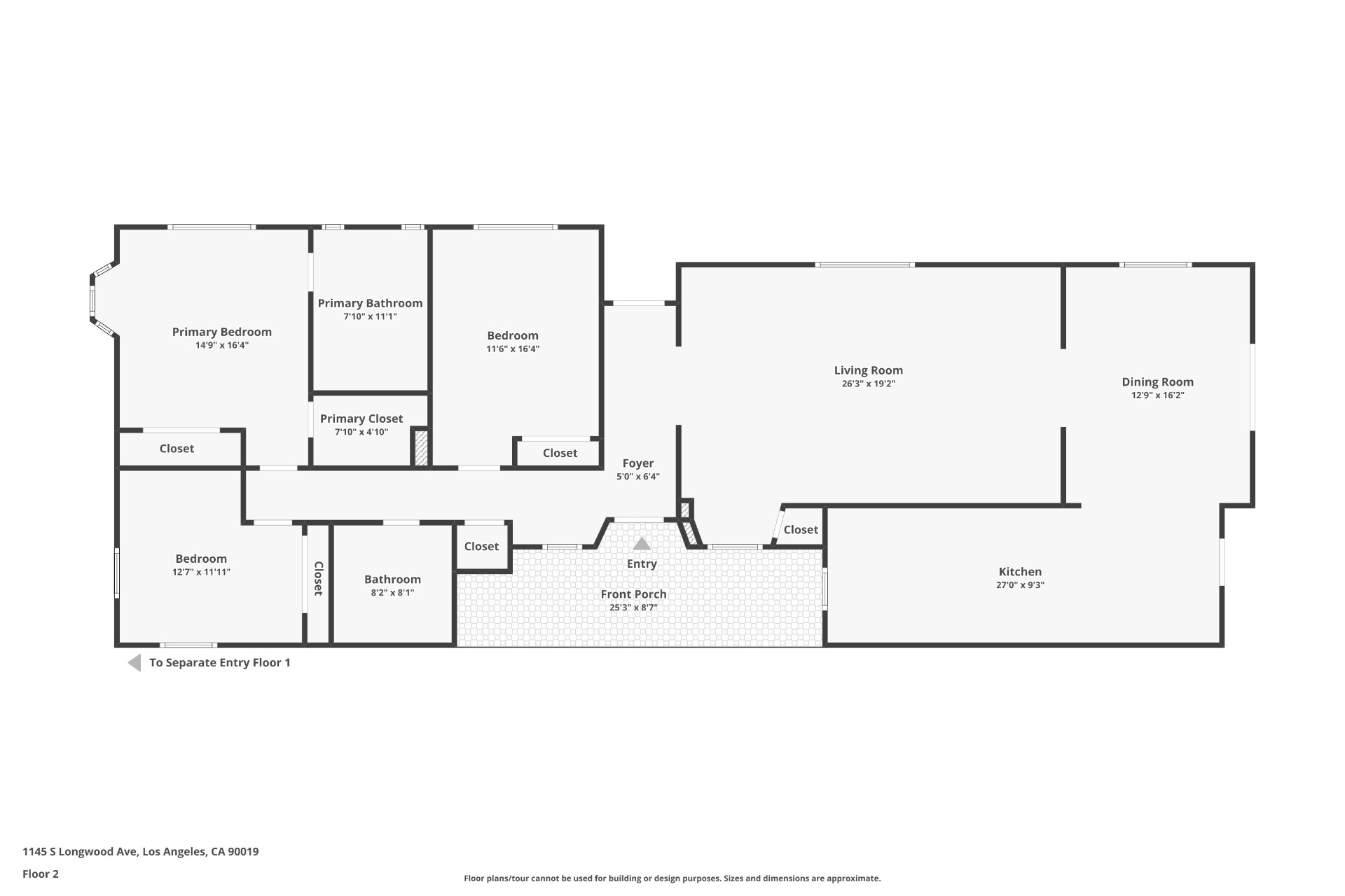 1145 S Longwood Ave Mid-Wilshire — Floor Plan: Level 2 floor plan with primary suite, living room, dining room, and kitchen