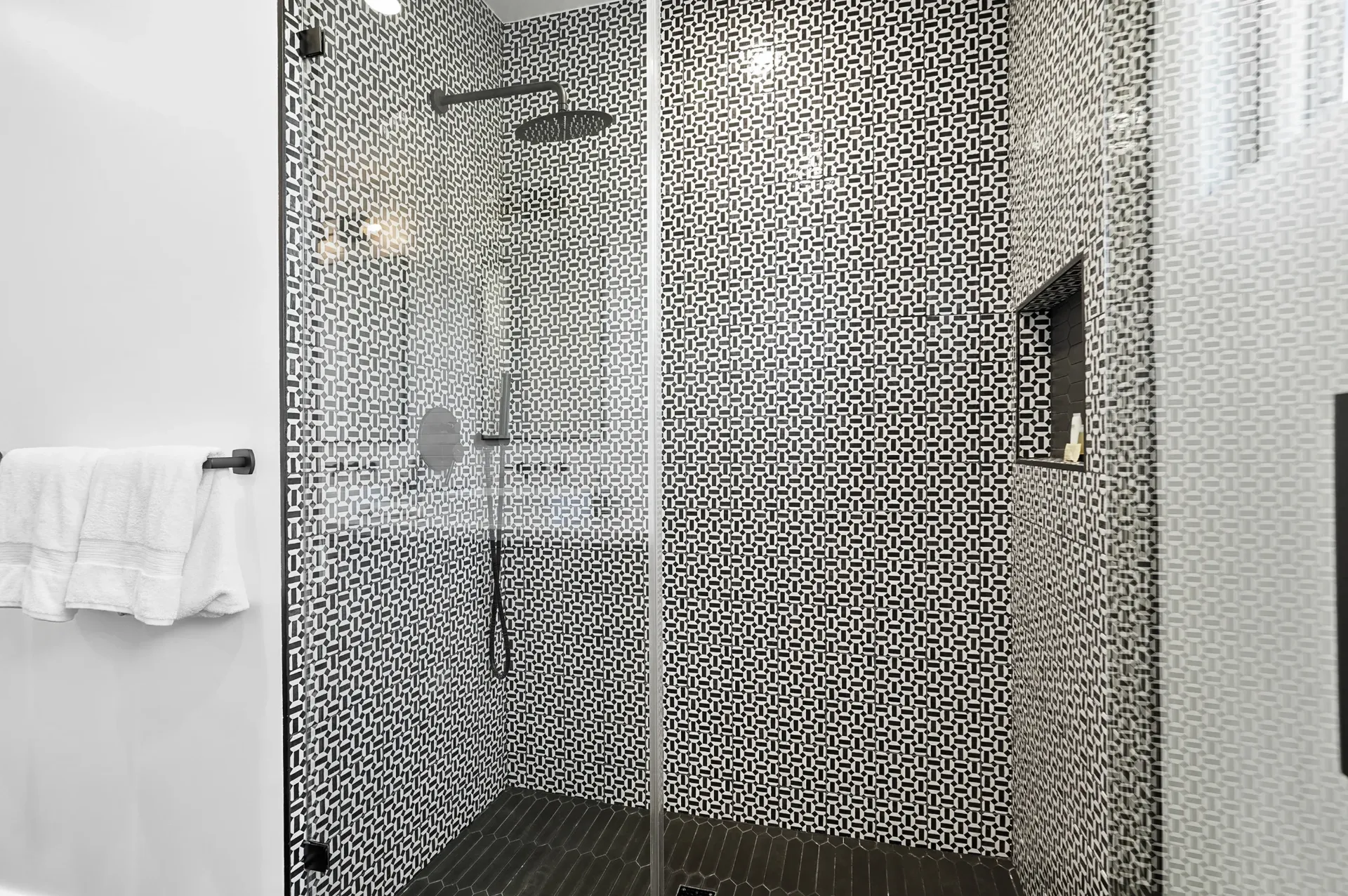 11308 Dona Teresa Dr — Bathrooms: Spa shower with geometric mosaic tile and rainfall showerhead