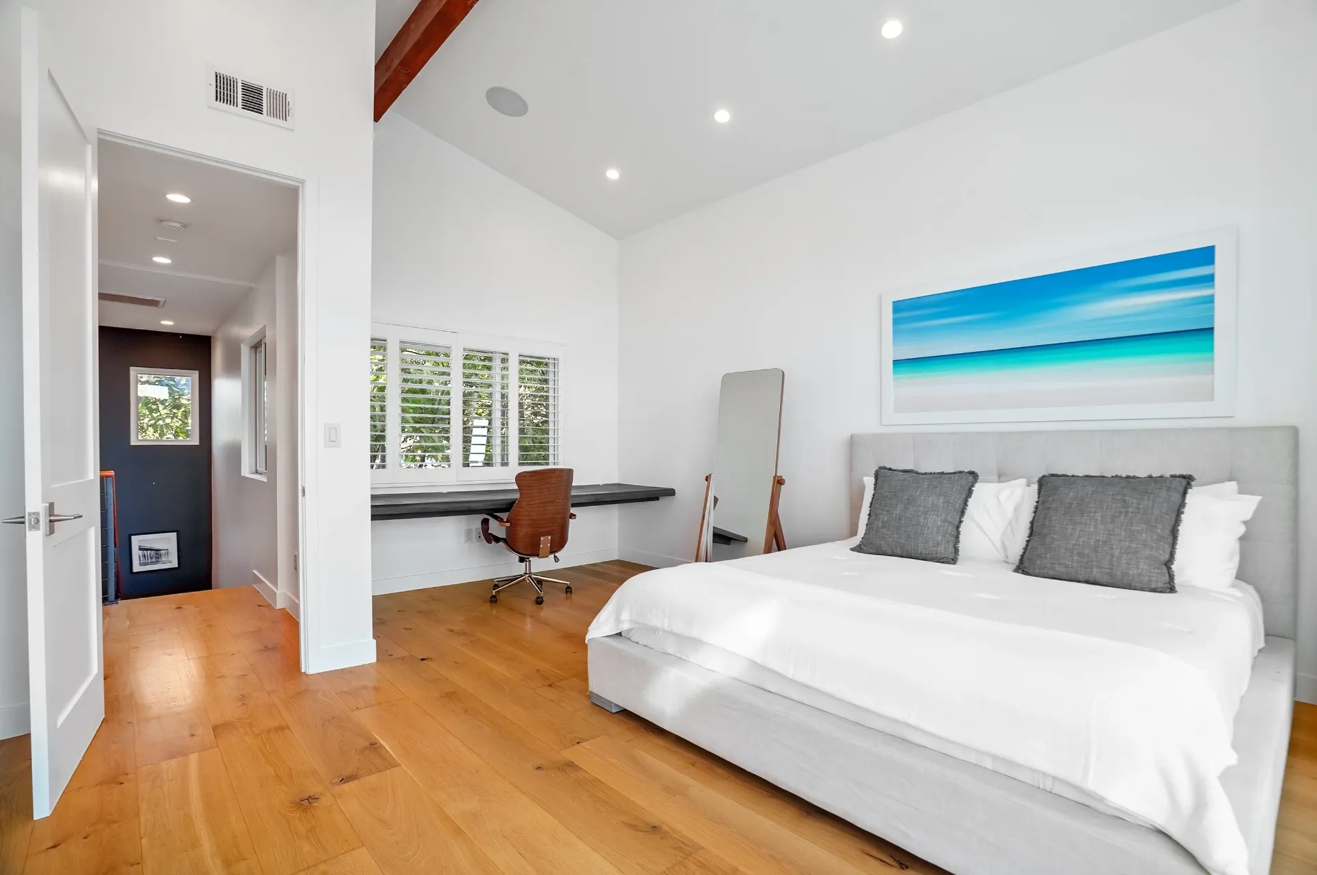 11308 Dona Teresa Dr — Bedrooms: Guest bedroom with built-in desk area, vaulted ceilings, and wood beam details