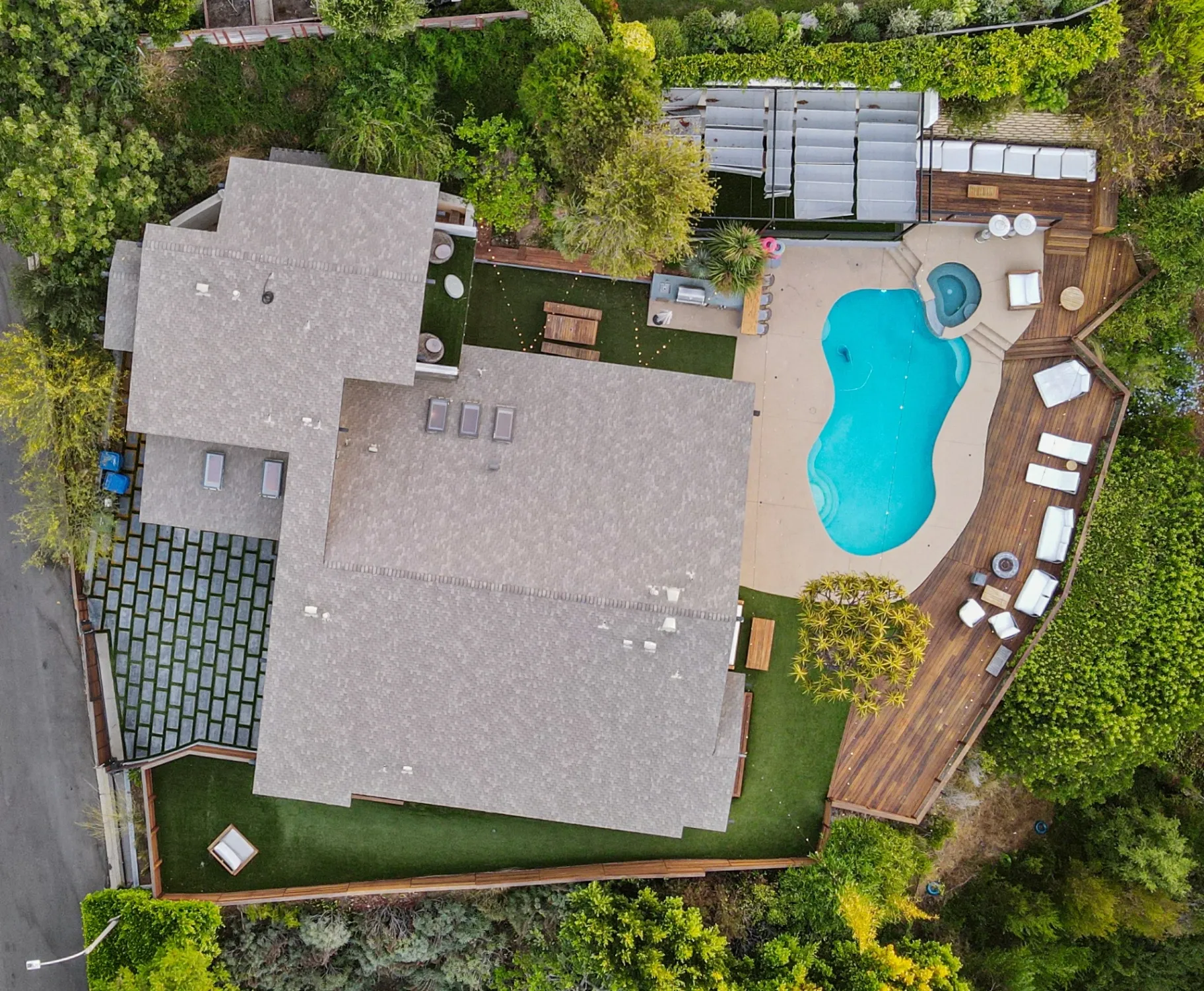 11308 Dona Teresa Dr — Exterior: Direct overhead aerial view showcasing complete property layout with pool, spa, outdoor entertaining areas and mature landscaping