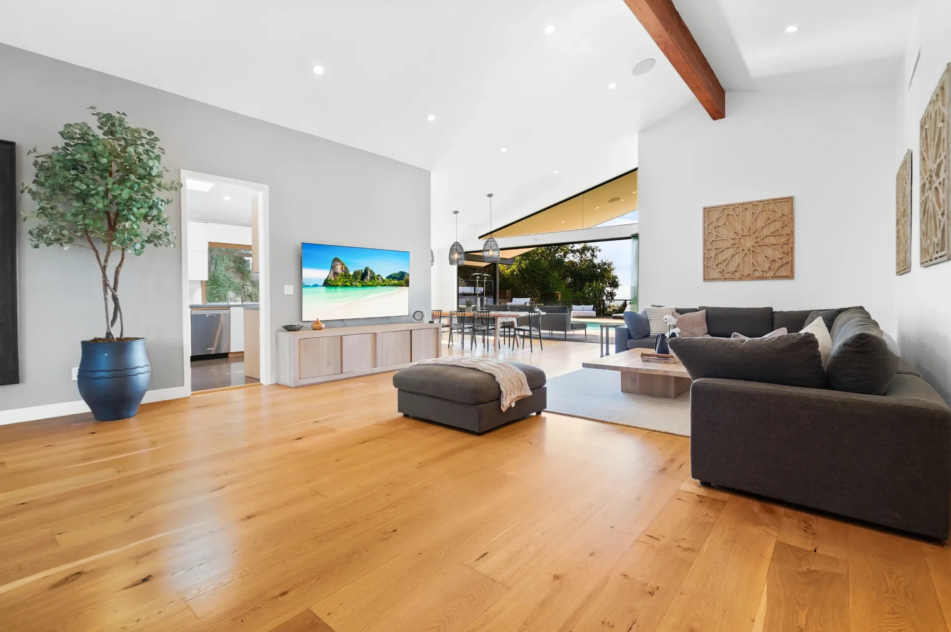 11308 Dona Teresa Dr — Living Areas: Great room with vaulted ceiling beams and seamless indoor-outdoor flow