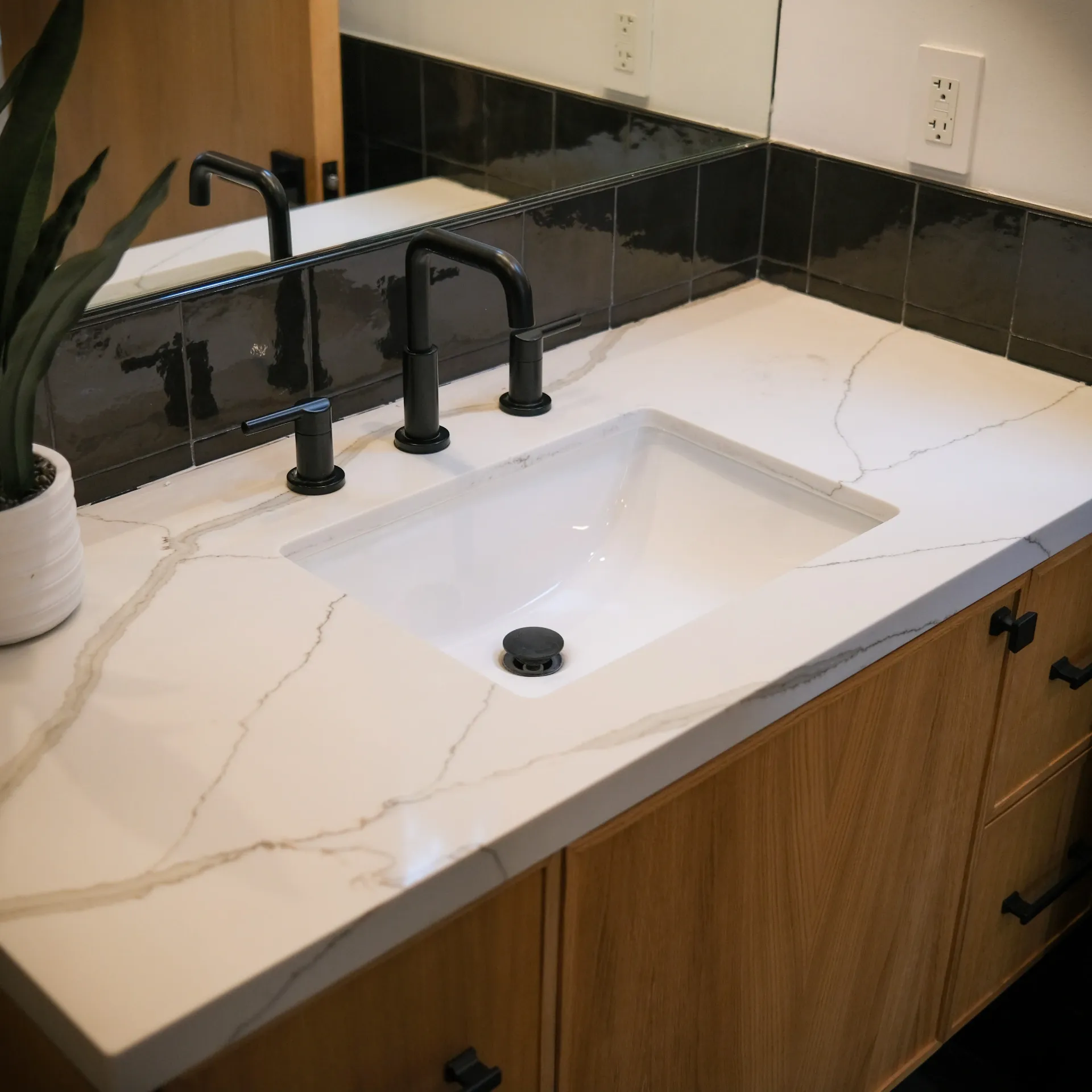 15602 Morrison St — Bathrooms: 15602 Morrison St — Bathroom detail showing marble countertop, undermount sink, black tile backsplash, and modern fixtures