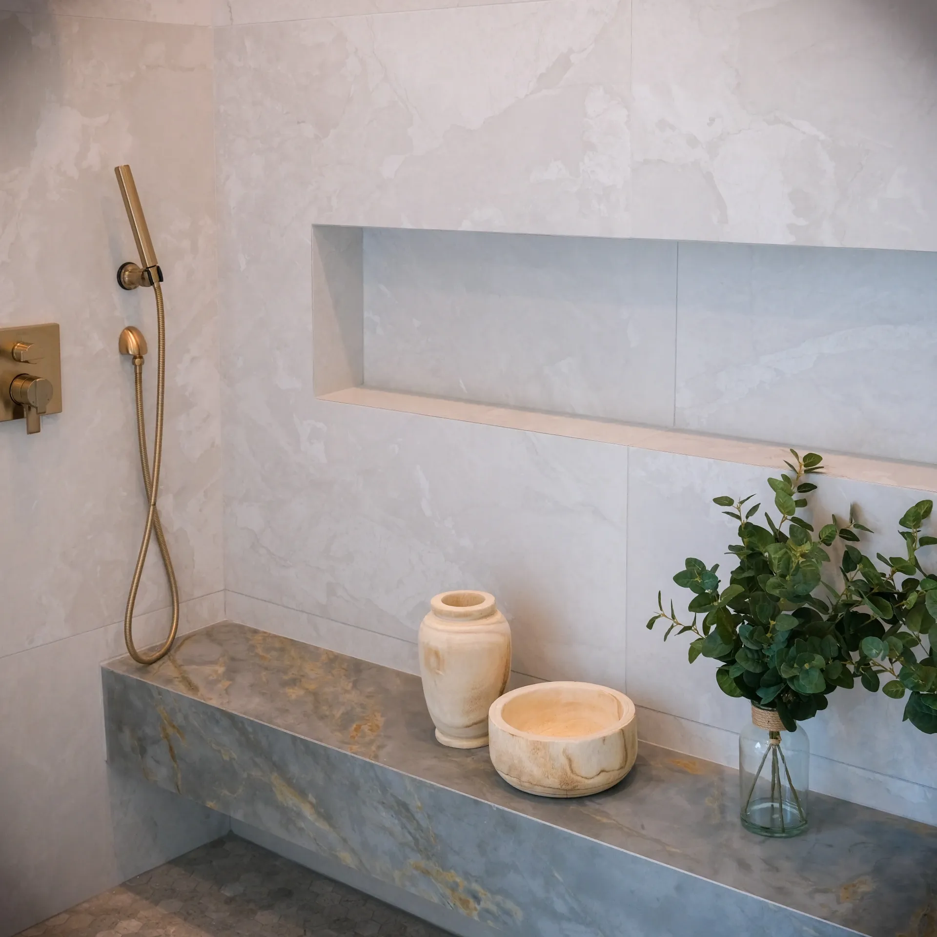 15602 Morrison St — Bathrooms: 15602 Morrison St — Bathroom bench with marble top, built-in storage, brass fixtures, and decorative pottery