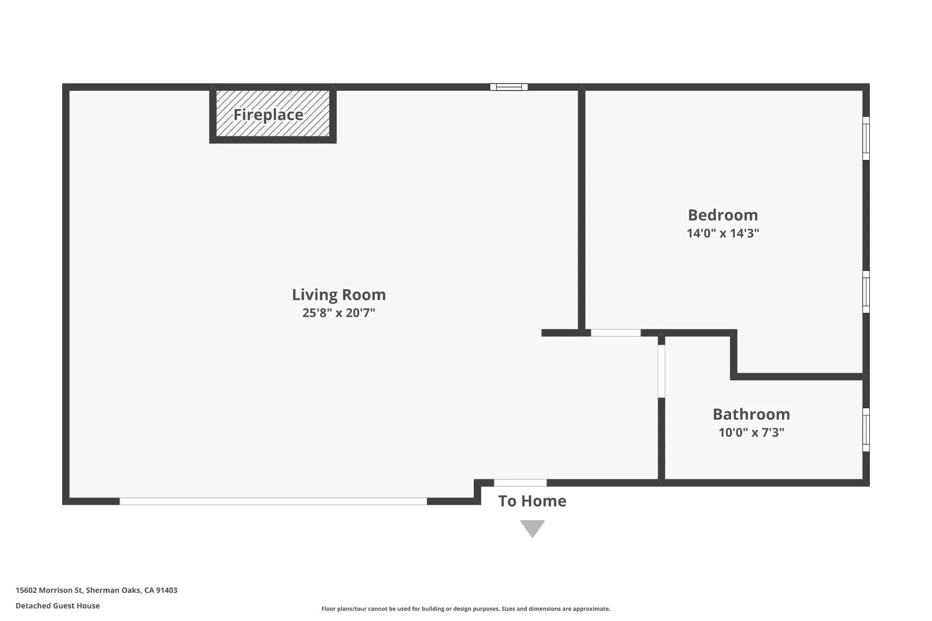15602 Morrison St — Floor Plan: 15602 Morrison St — Detached guest house floor plan showing living room, bedroom, bathroom, and fireplace layout