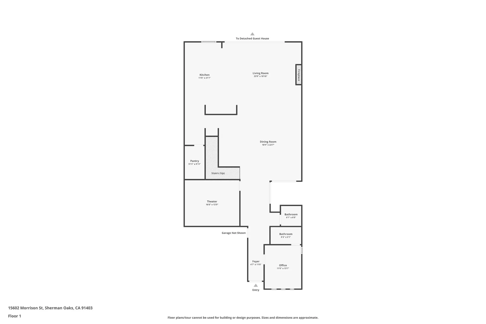 15602 Morrison St — Floor Plan: 15602 Morrison St — Main house floor 1 plan featuring kitchen, dining room, living room, theater, office, and entry foyer