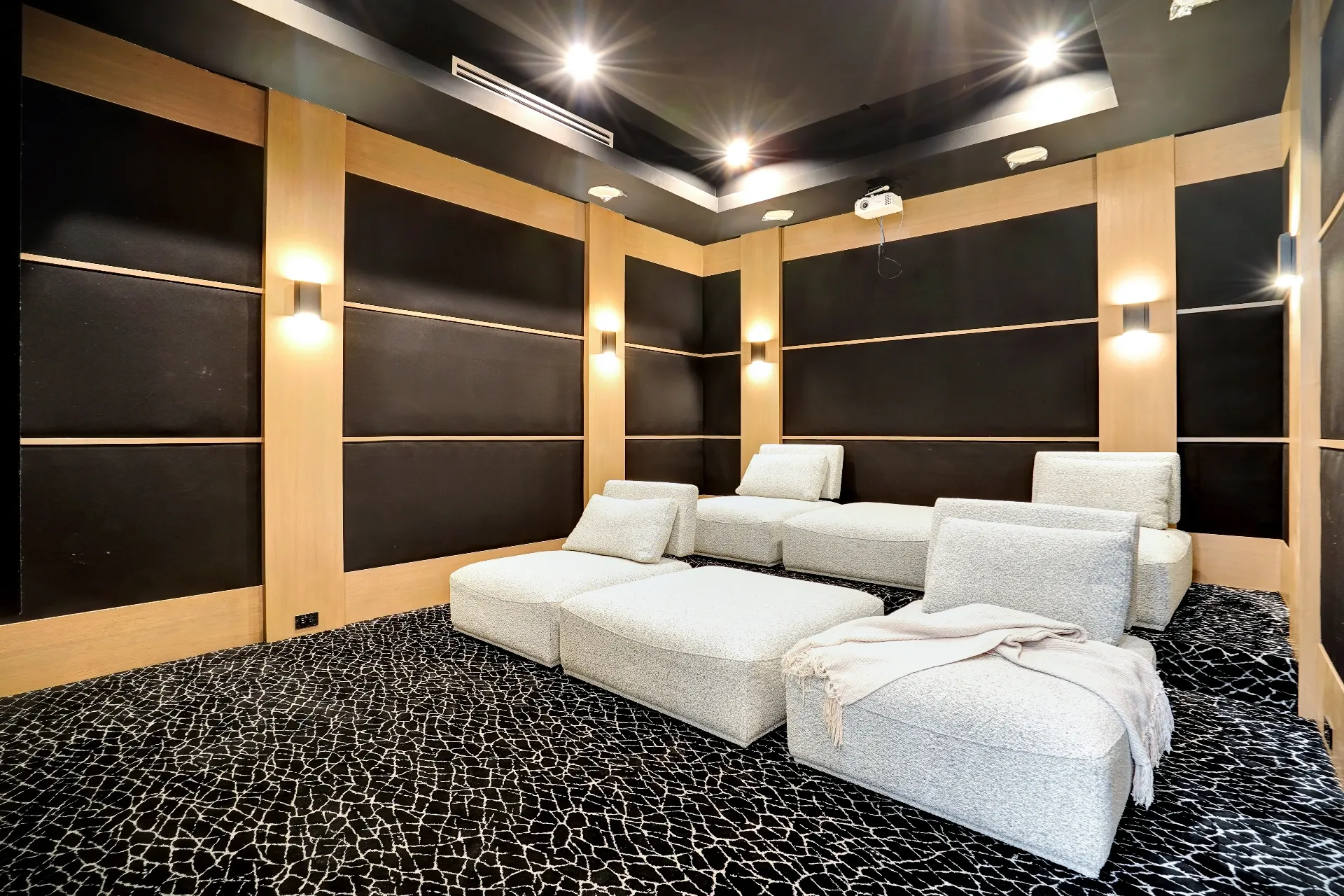 15602 Morrison St — Living Areas: 15602 Morrison St — Home theater with luxury white recliners, dark acoustic panels, and geometric patterned carpet